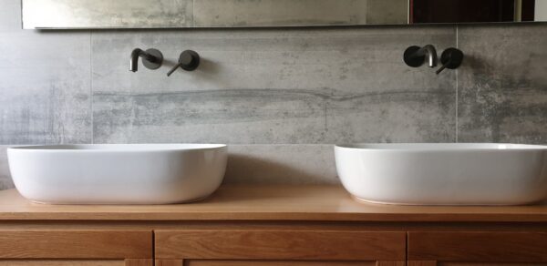 Double Vanity with Oak Slats - Image 1